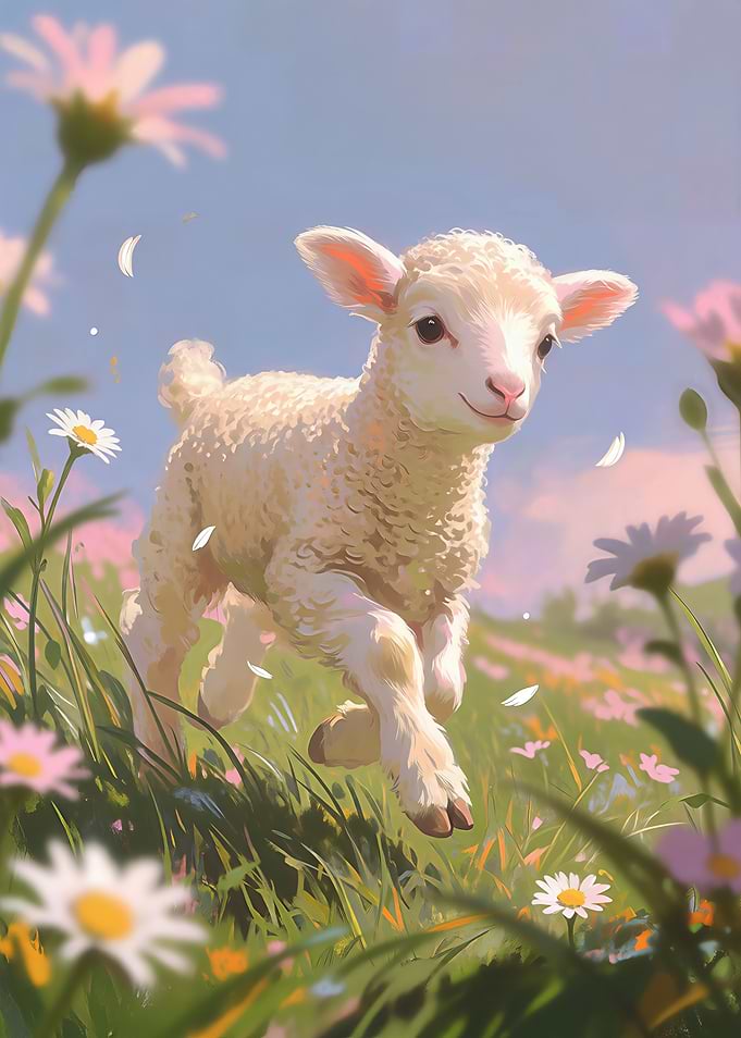 Cute Lamb Running in Flower Meadow