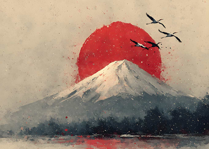 Mount Fuji with Cranes Watercolor Art