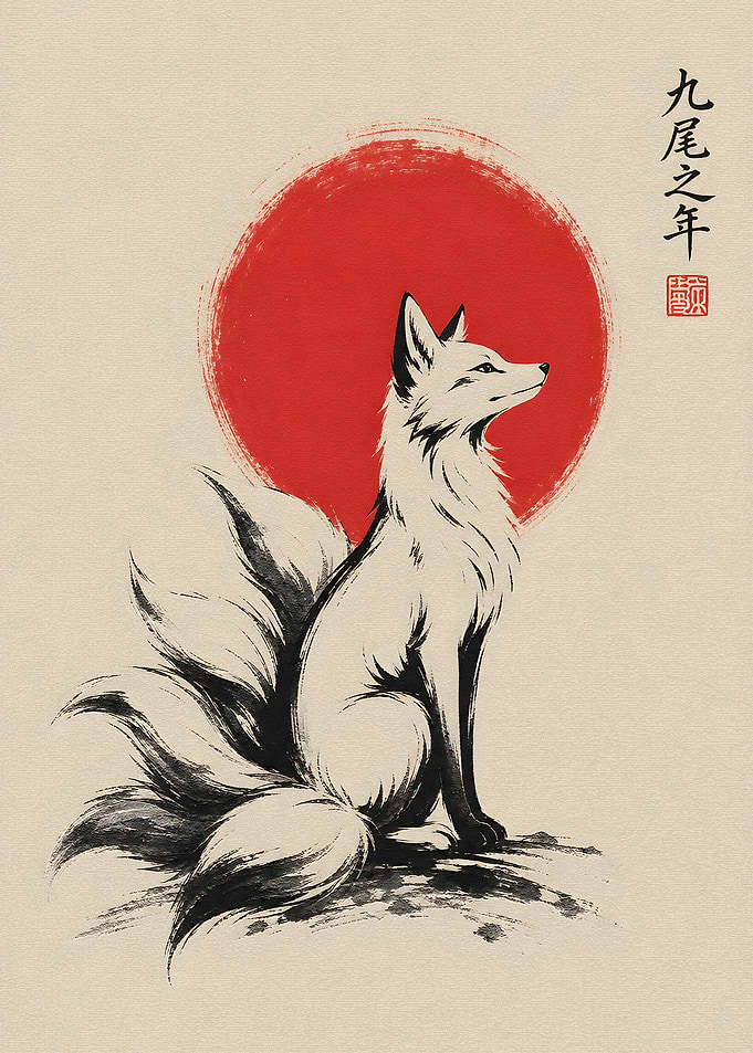 Nine-Tailed Fox Ink Wash Painting