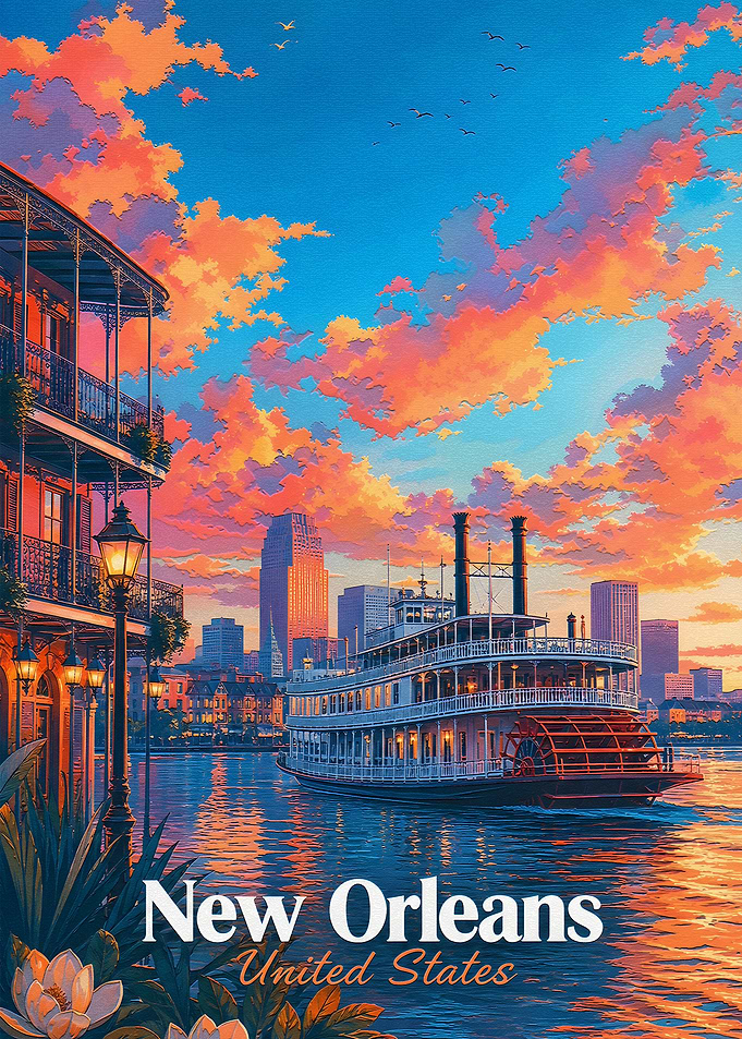 New Orleans Steamboat Sunset Travel Poster