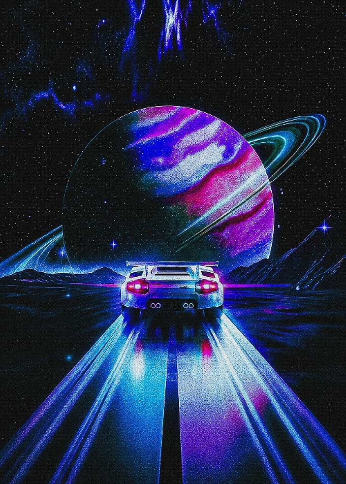 Retro Synthwave Supercar Driving Toward Planet