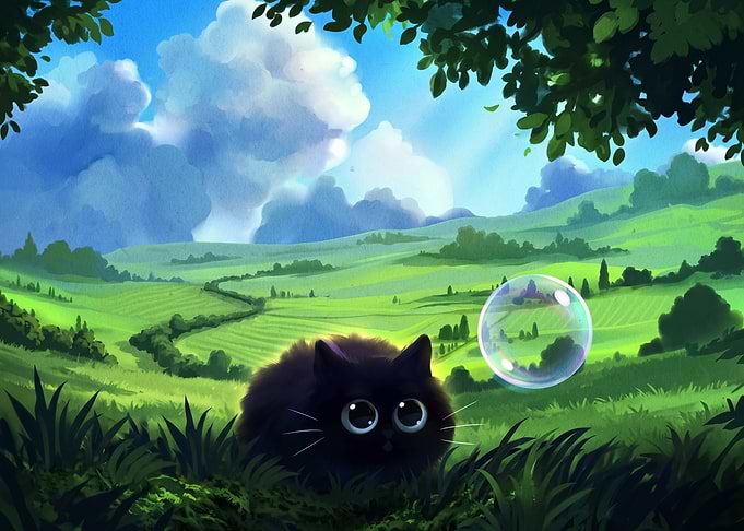 Cute Black Cat in Sunny Meadow