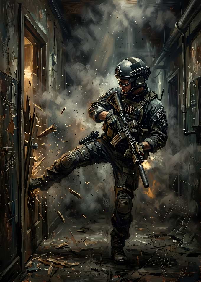 SWAT Officer Breaching a Door