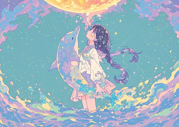 Anime Girl and Dolphin Under Moon