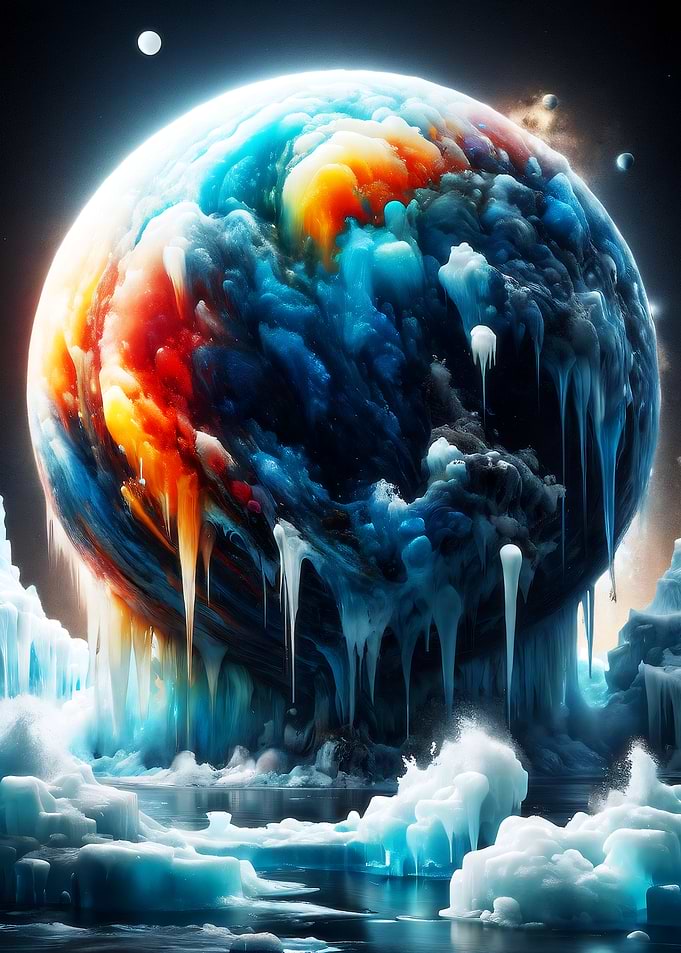Melting Colorful Planet Over Icy Landscape