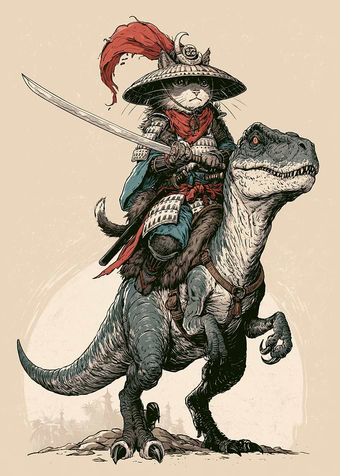 Samurai Cat Riding a Raptor