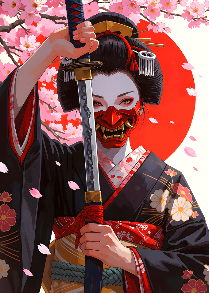 Geisha Warrior with Oni Mask and Katana