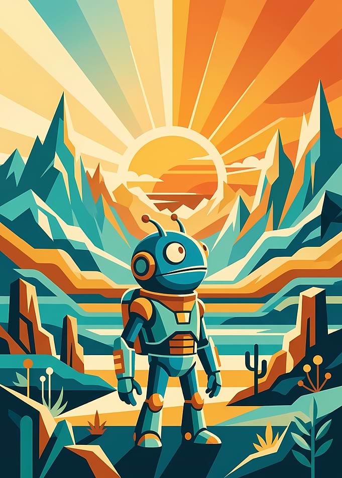 Retro Futuristic Robot in Desert Landscape
