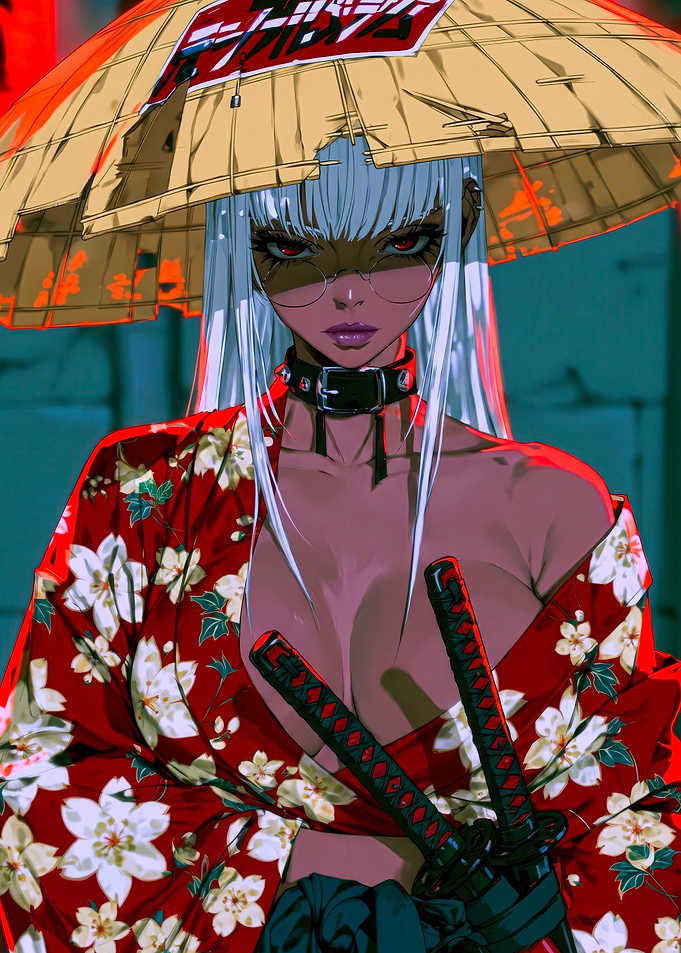 Anime Samurai Woman in Floral Kimono