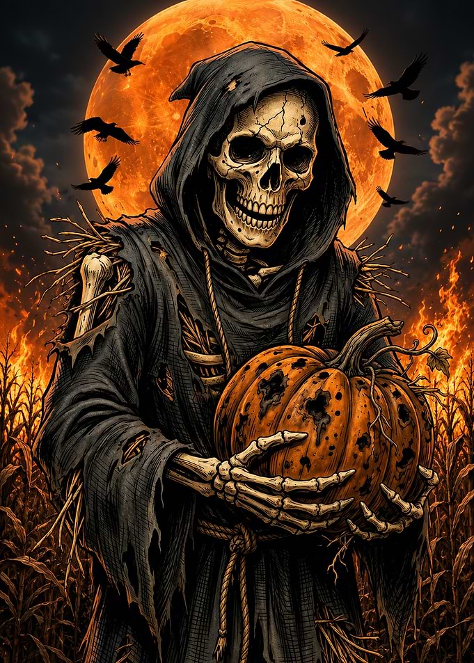 Grim Reaper Scarecrow with Pumpkin