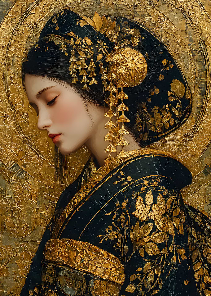 Elegant Geisha in Gold and Black