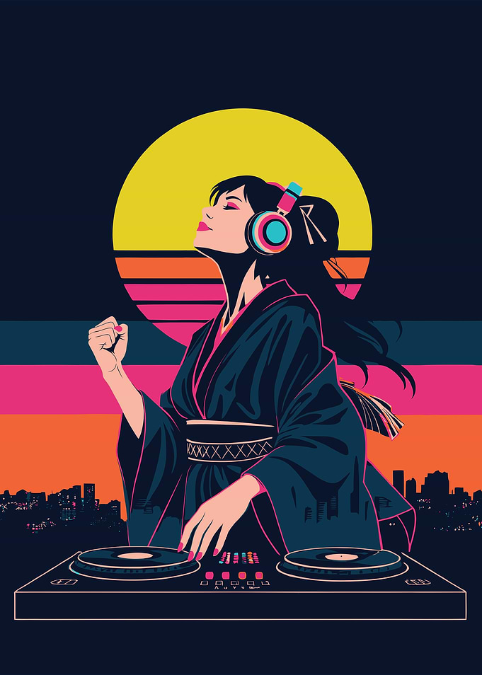 Retro Synthwave DJ Woman in Kimono