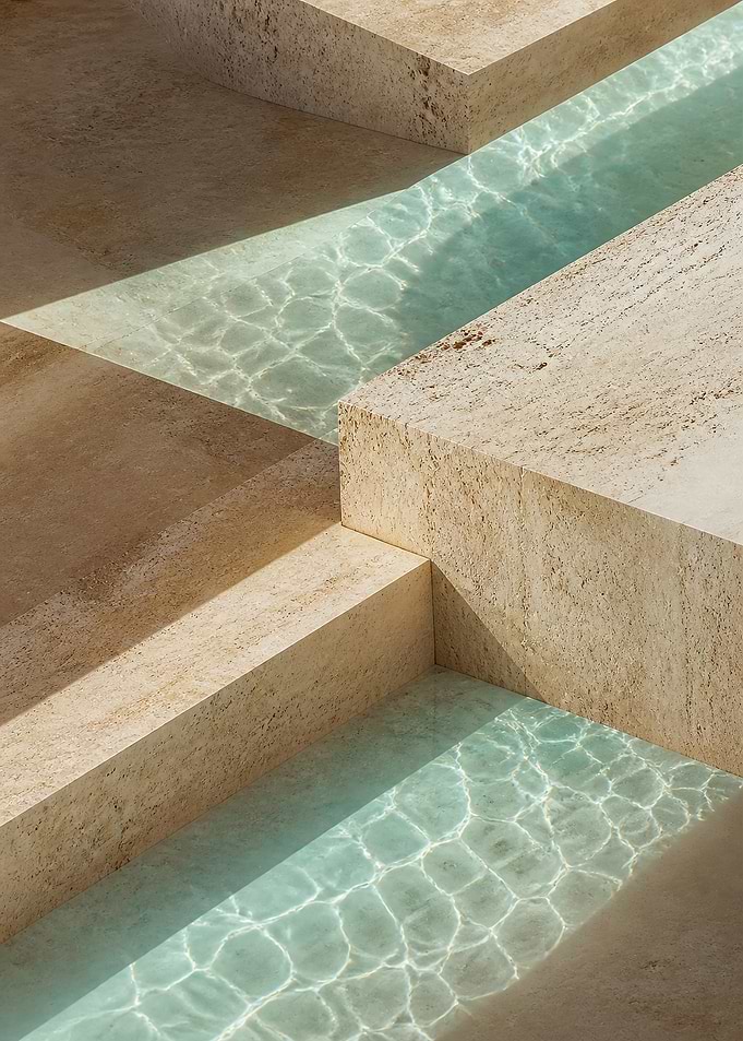Minimalist Travertine Stone and Water Steps