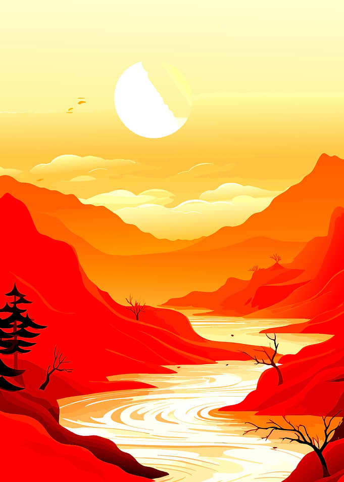 Vibrant Sunset Mountain River Landscape