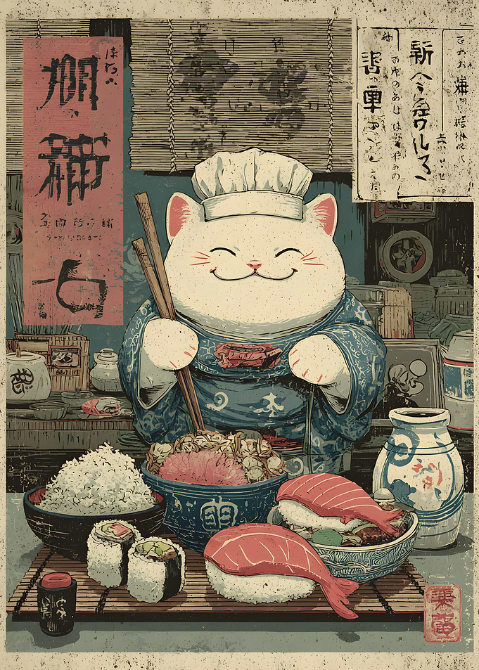 Chef Cat Preparing Japanese Cuisine
