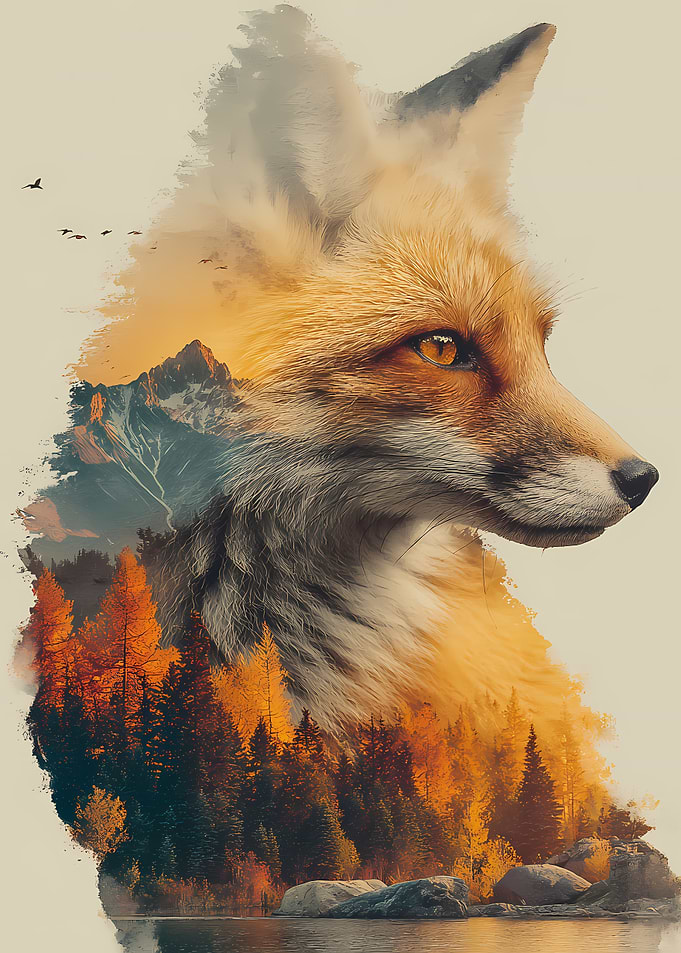 Double Exposure Fox and Mountain Landscape