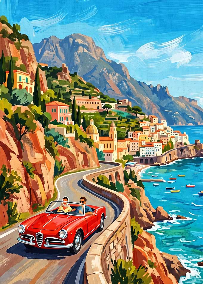 Vintage Red Convertible on Amalfi Coast