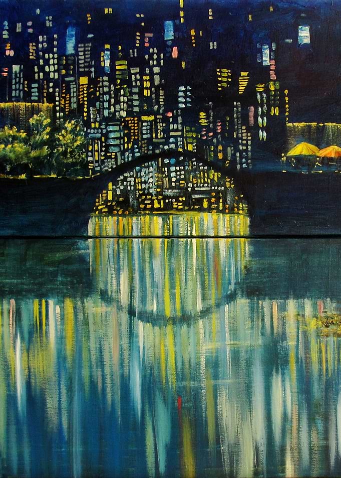 Night Cityscape Reflection Oil Painting