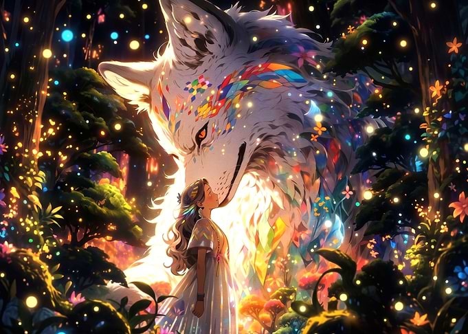Girl and Giant Magical Wolf