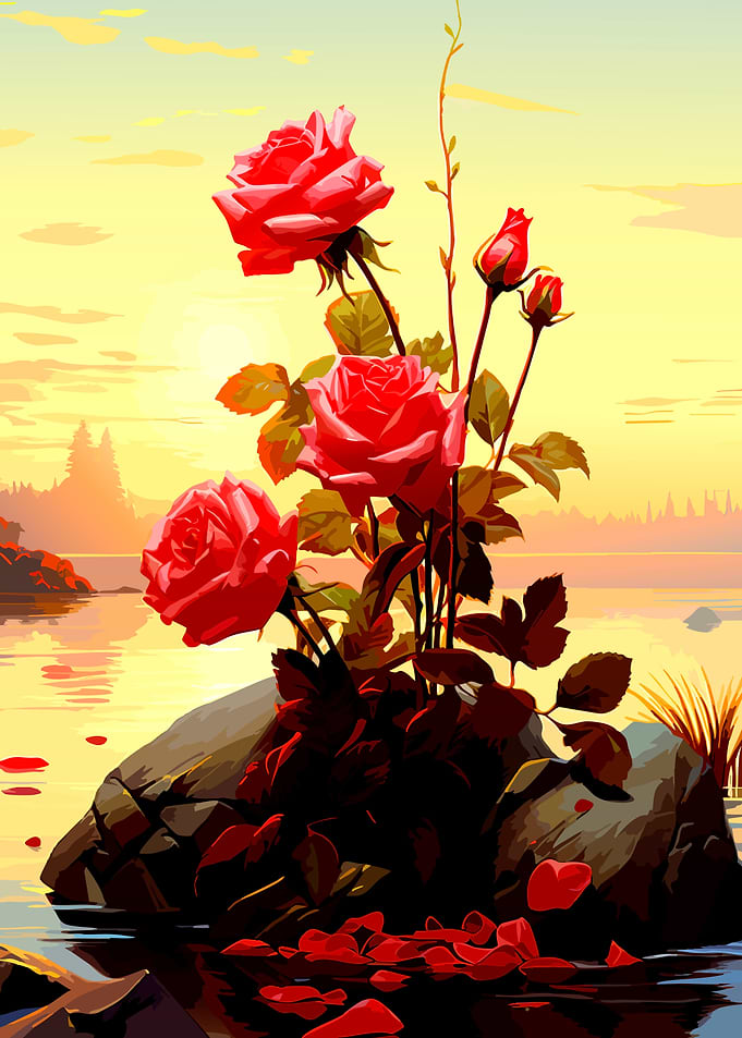 Red Roses on Rock at Sunset