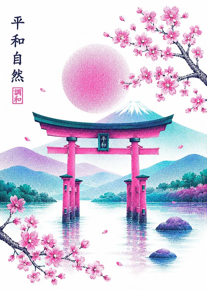 Japanese Torii Gate and Cherry Blossoms