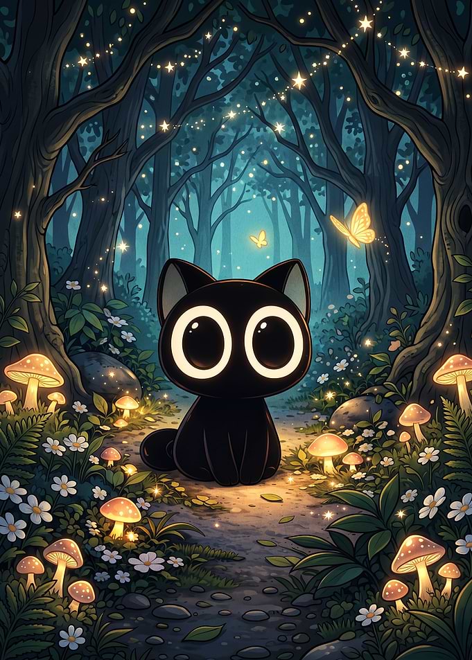 Cute Black Cat in Enchanted Forest