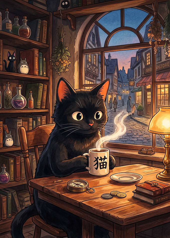Black Cat Drinking Coffee in Library