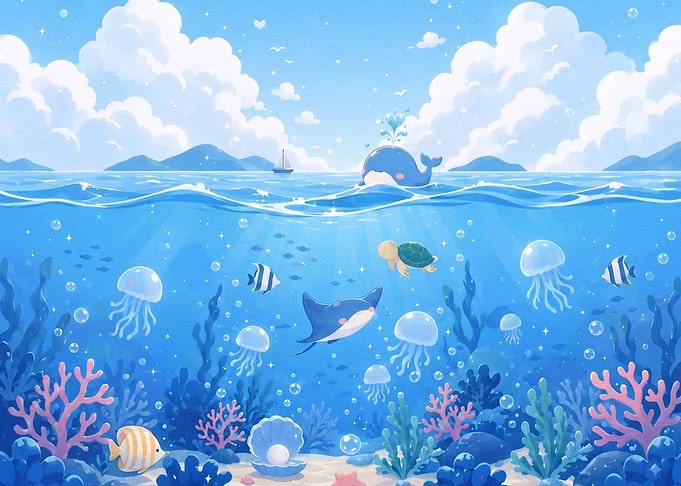 Cute Underwater Ocean Scene Illustration