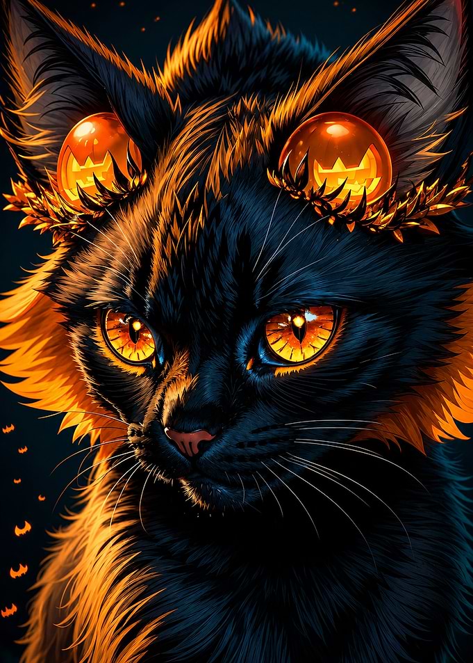 Halloween Black Cat with Pumpkin Orbs