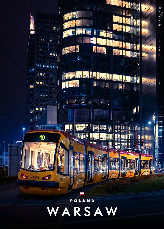 Warsaw Night Tram Cityscape