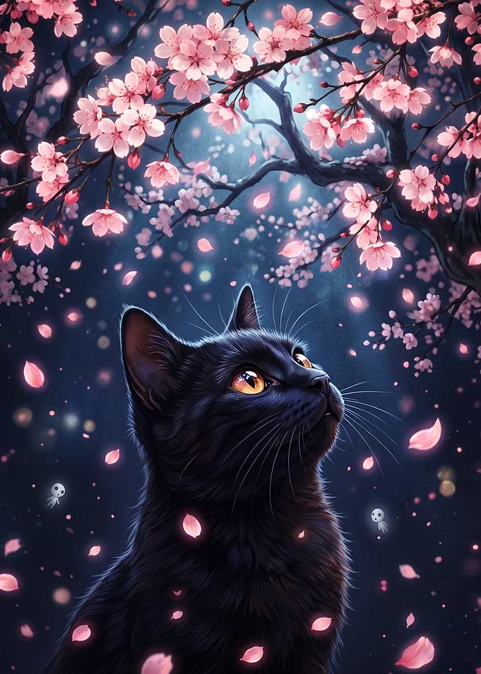Black Cat Under Cherry Blossoms
