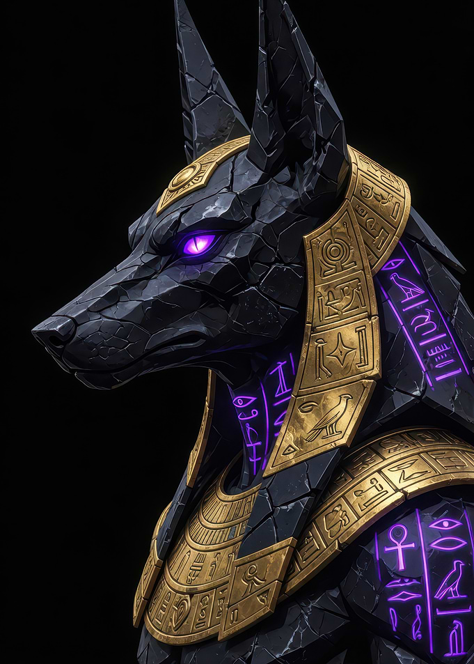 Anubis Statue with Glowing Purple Runes