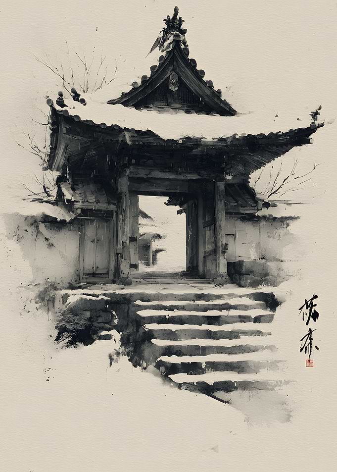Snowy Traditional Japanese Temple Gate