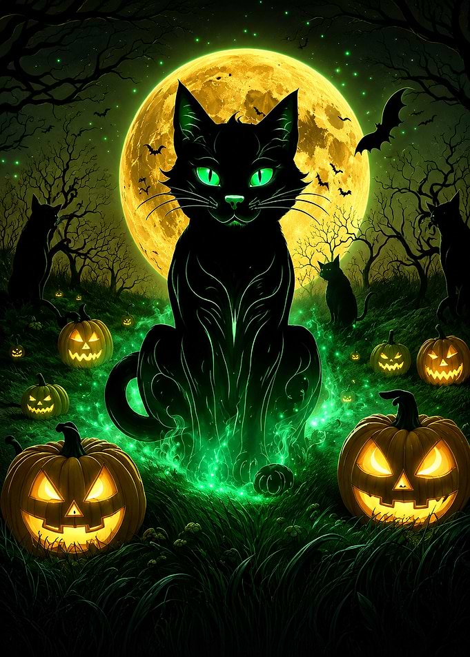 Mystical Black Cat Halloween Scene