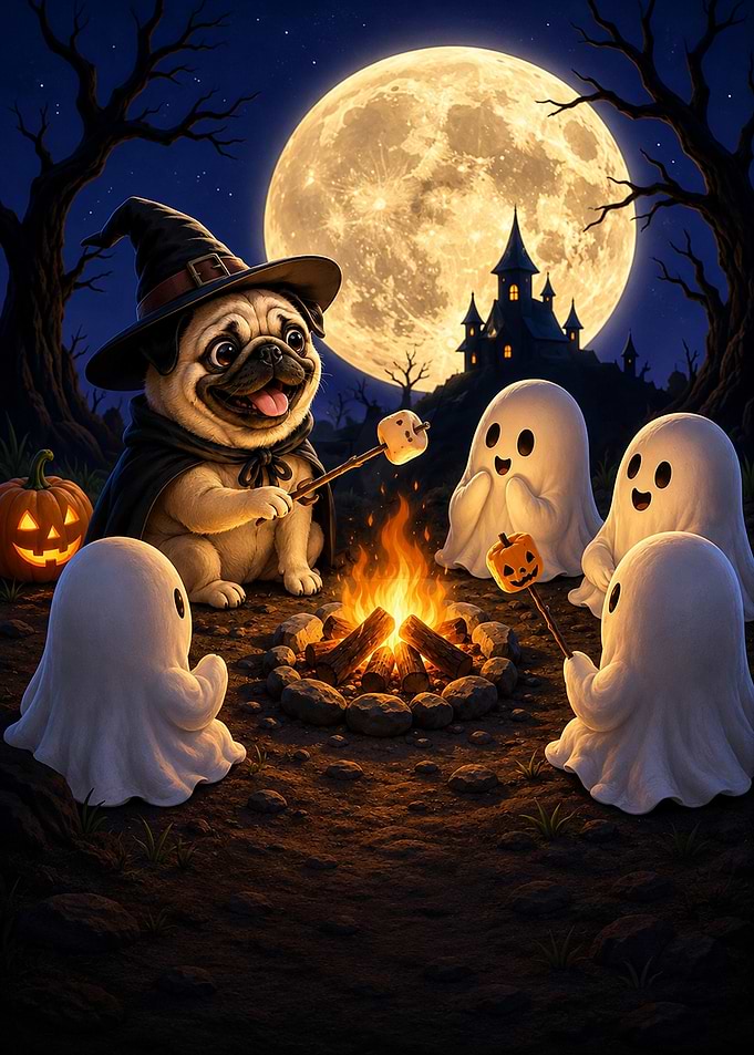 Pug Witch Roasting Marshmallows with Ghosts