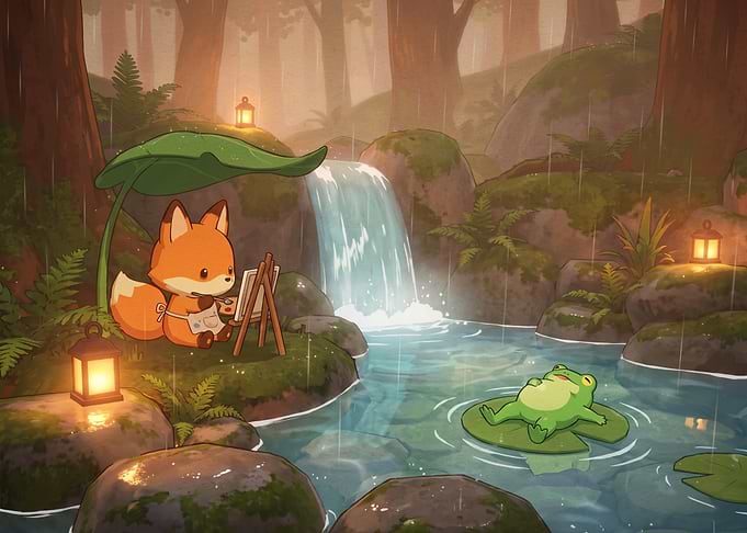 Cute Fox Painting by Waterfall