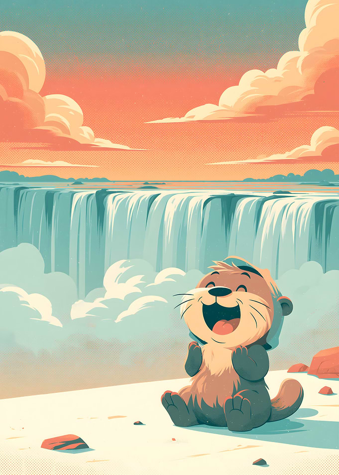 Happy Otter at a Waterfall