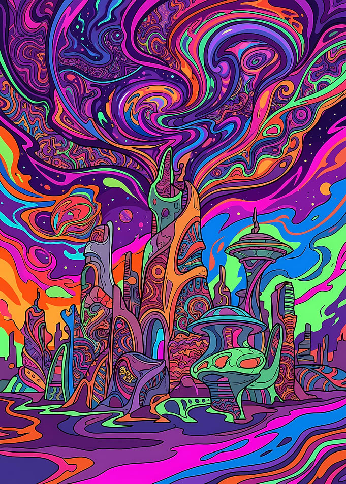 Psychedelic Alien Cityscape Art