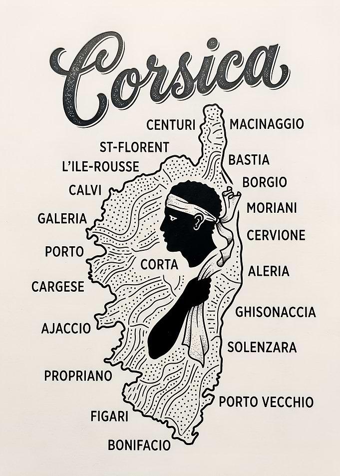 Corsica Map with Pirate Corse Head France