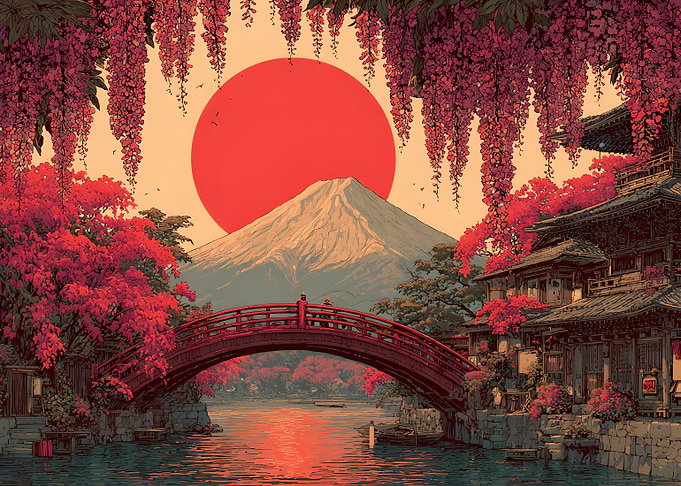 Mount Fuji and Red Bridge Landscape