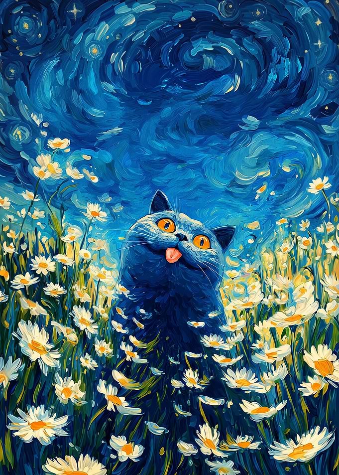 Silly Cat in Starry Daisy Field