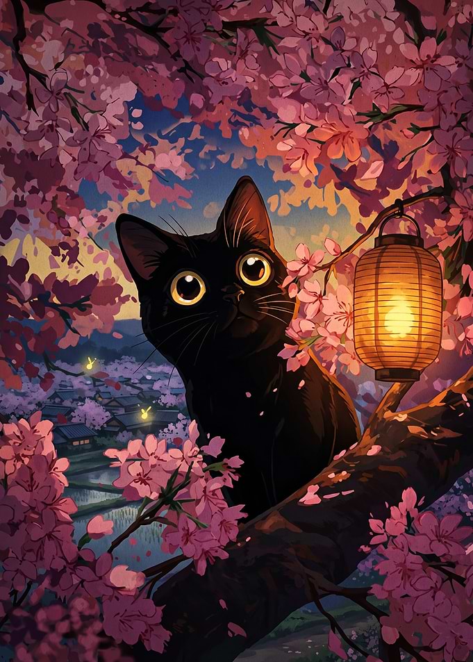 Black Cat in Cherry Blossom Tree