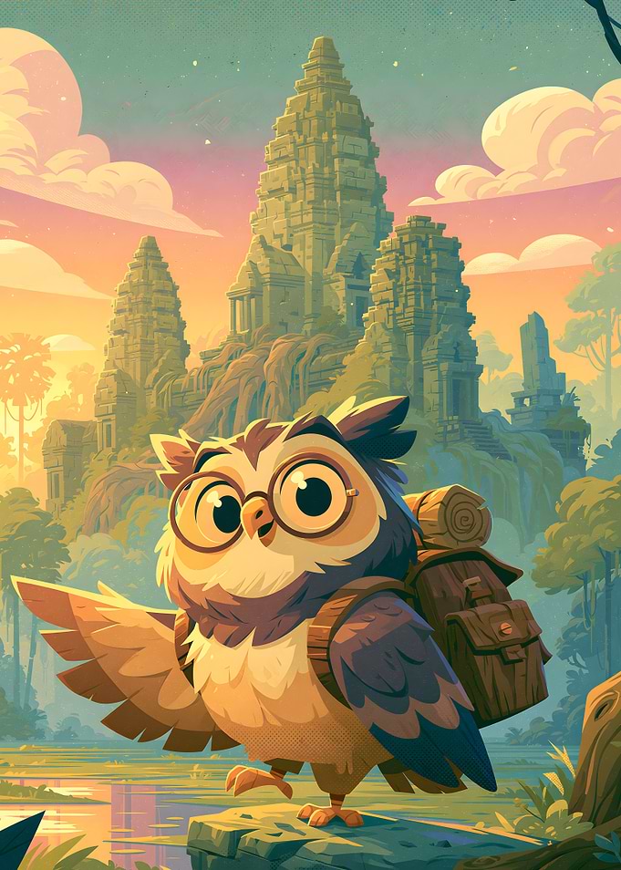 Adventurous Owl Explorer at Ancient Temple