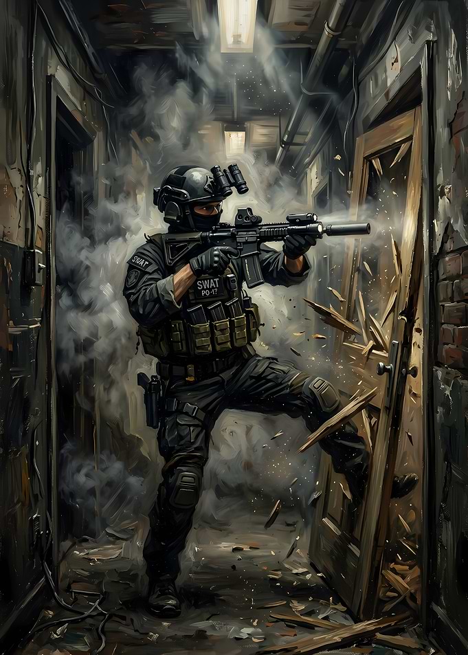 SWAT Officer Breaching a Door