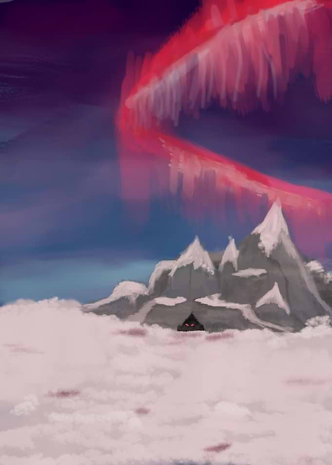 Eerie Mountain Peak Under Red Aurora