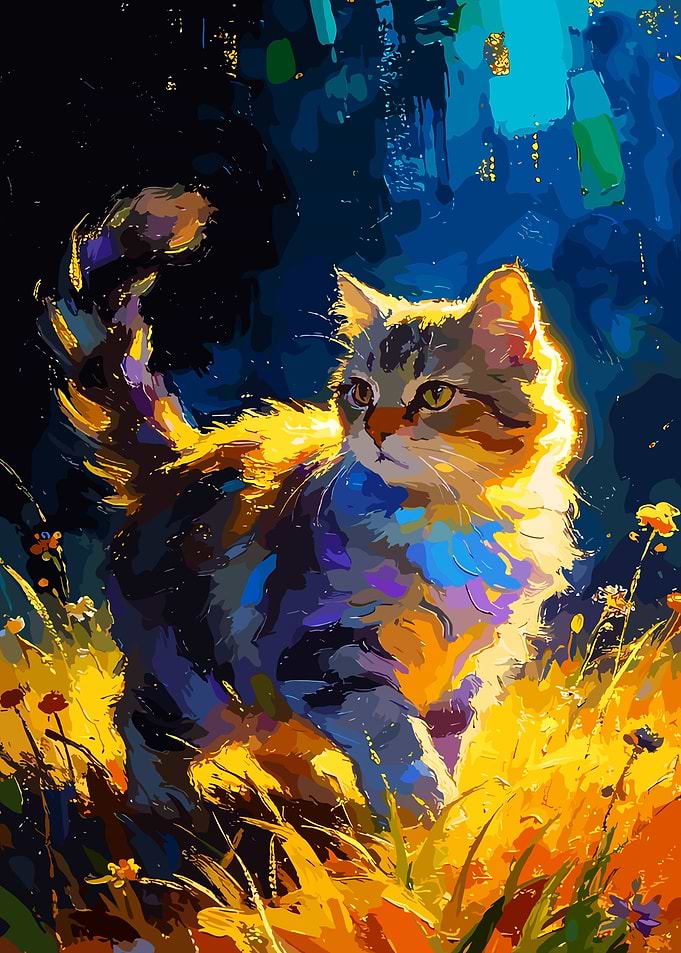 Vibrant Impressionist Cat in Golden Field