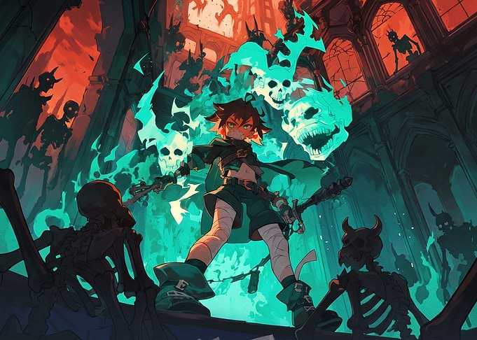 Anime Warrior Surrounded by Ghostly Skulls