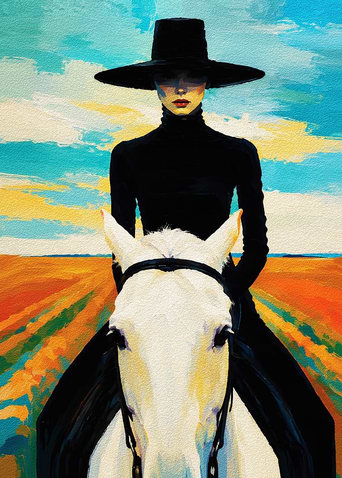 Woman in Black Hat Riding Horse