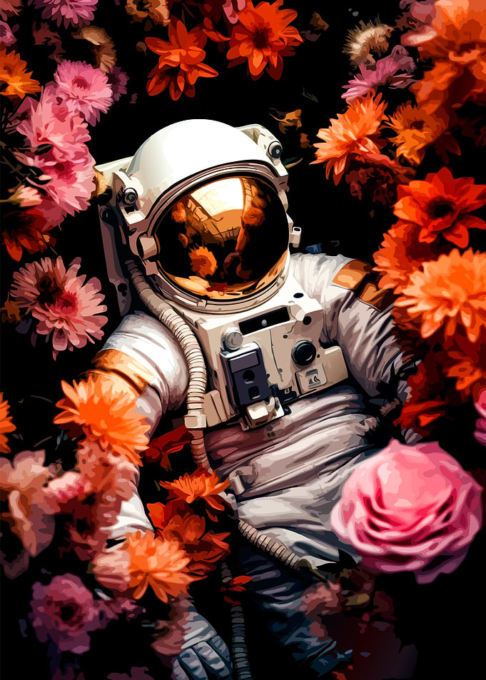 Astronaut Floating Among Vibrant Flowers