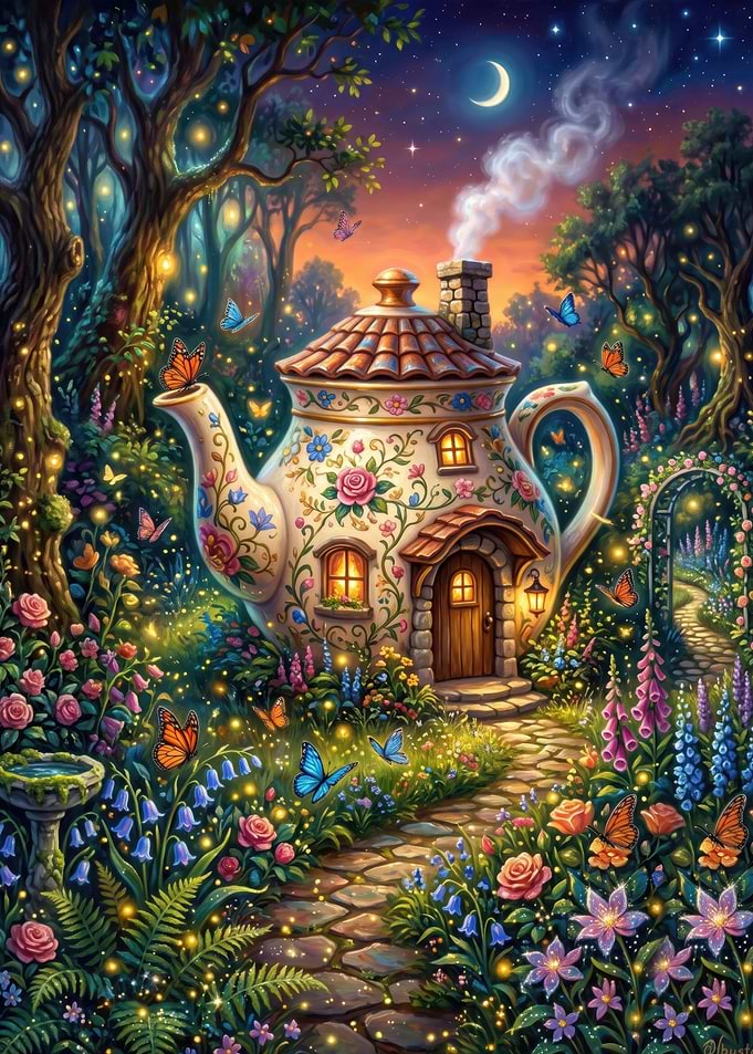 Enchanted Teapot Cottage in Magical Garden